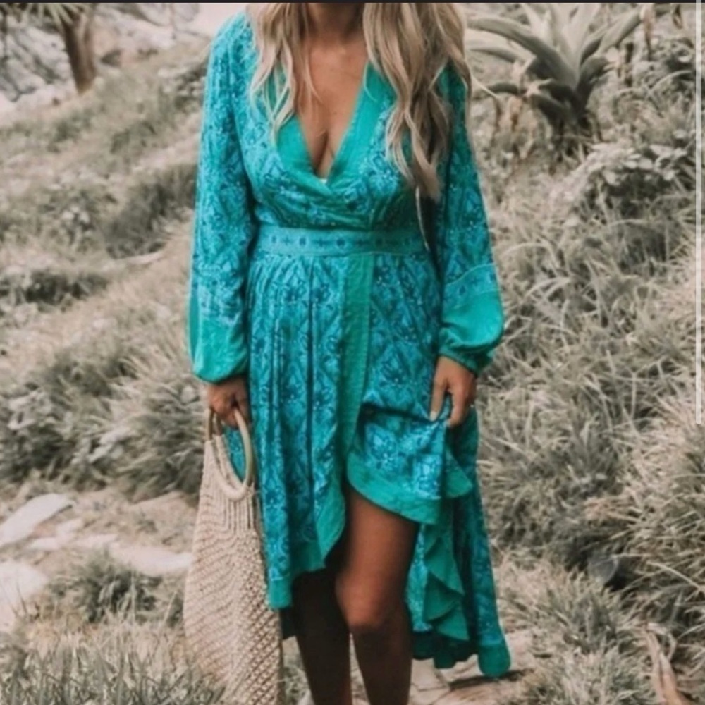 SPELL JEWEL SOIREE DRESS NEW WITH TAGS SIZE XS BLUE FLOWY MIDI BOHO PUFF SLEEVE